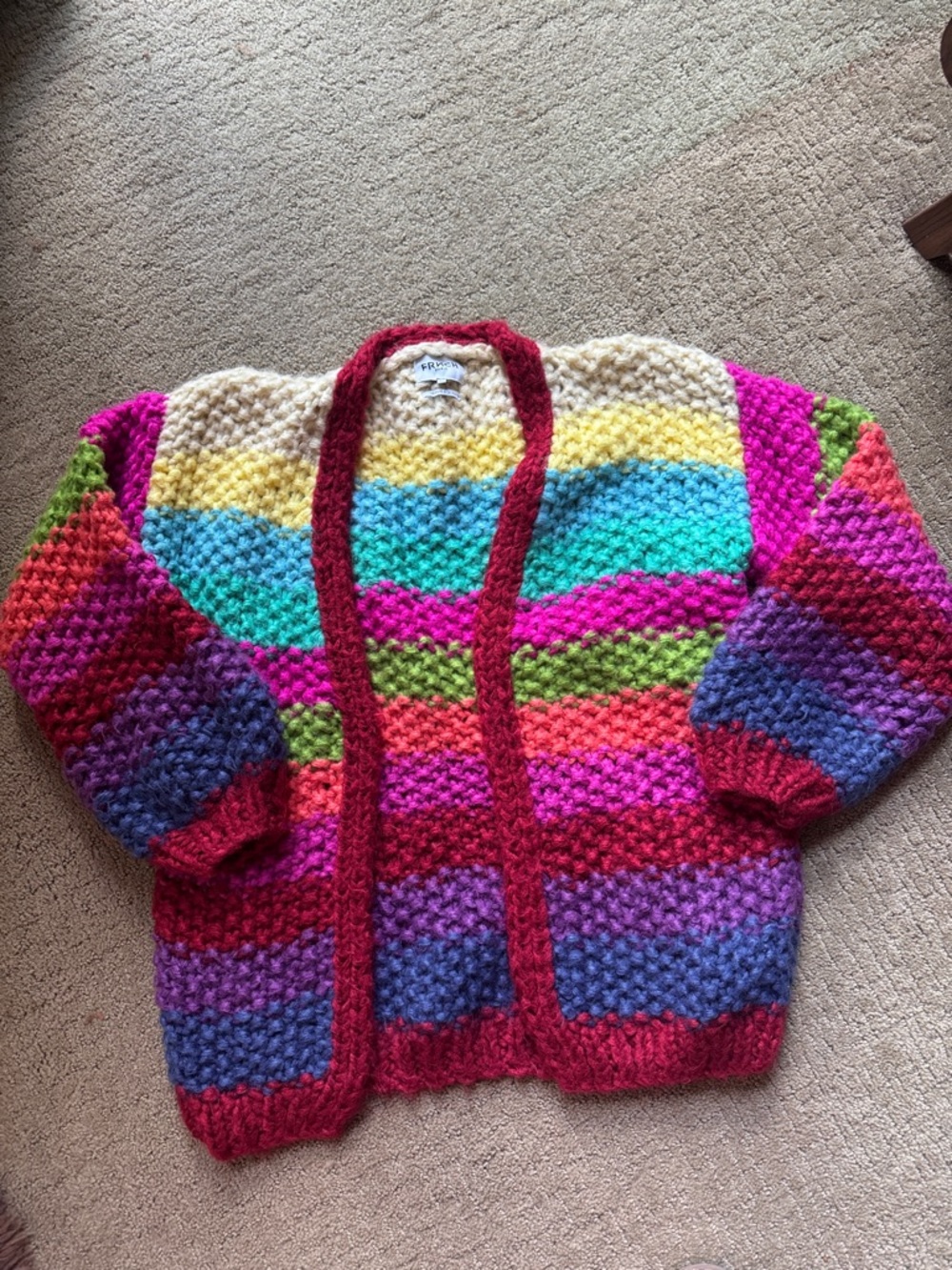 FRNCH Multicolor Striped Chunky Knit Cardigan — Red Trim S/M